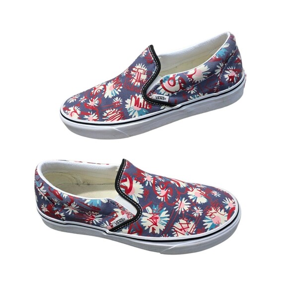 Vans Classic Slip on Shoes Womens Size 10 Crew Graffiti Floral Red Blue Canvas - Picture 2 of 11